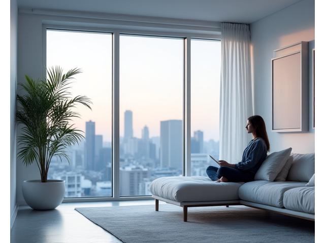 깔끔하게 정리된 거실 공간과 명상하는 사람 뒤로 현대적인 도시 야경이 보이는 이미지